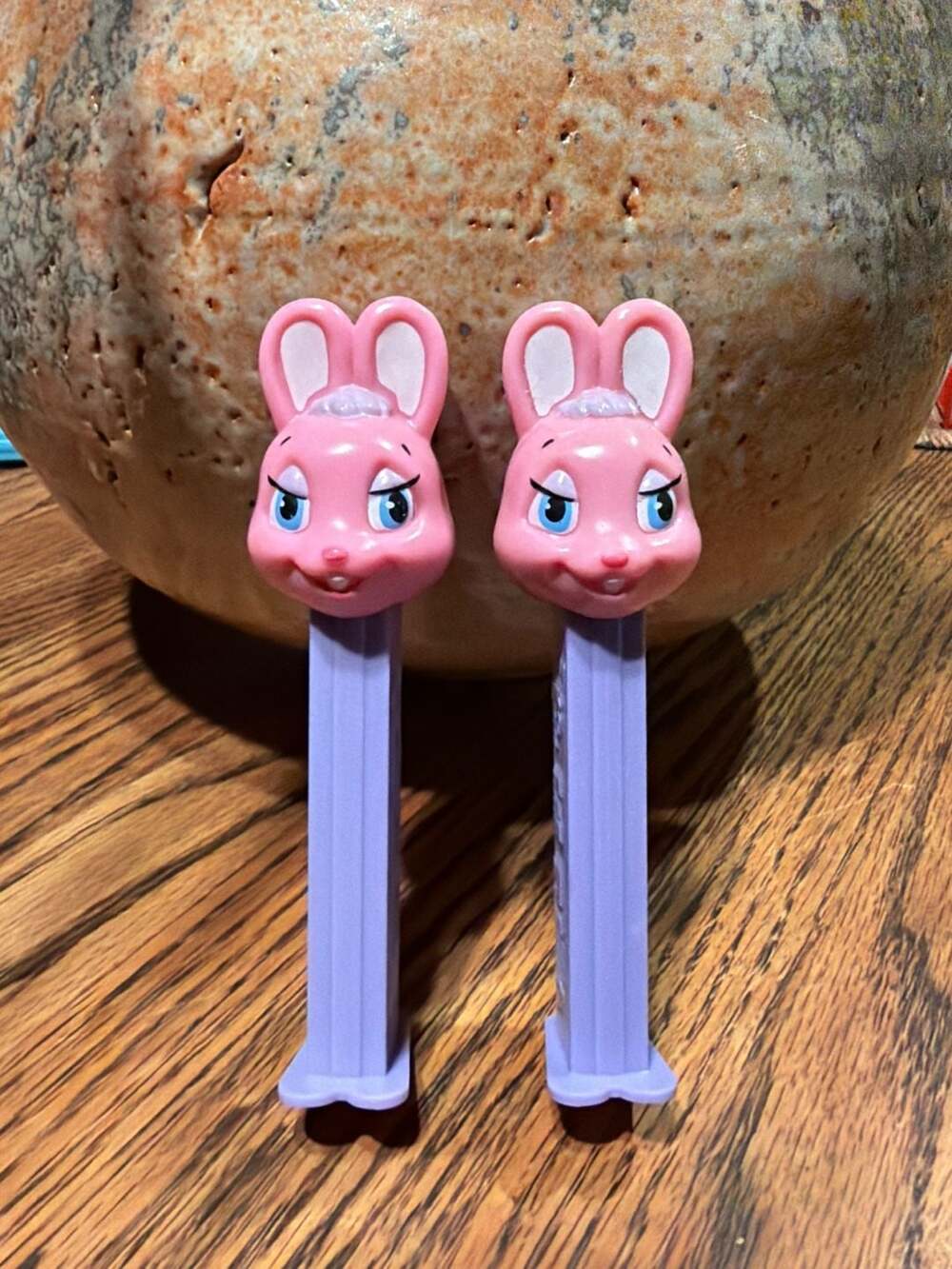 2 PEZ Dispensers 2003 Pink Bunny Rabbit Head with Purple Stem